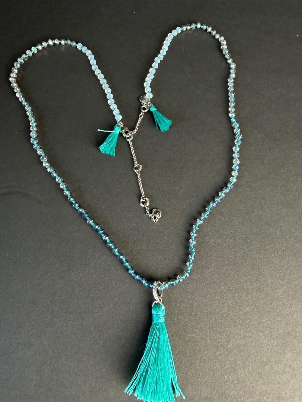 Teal Beaded Necklace with Tassel Pendant - Women Jewelry